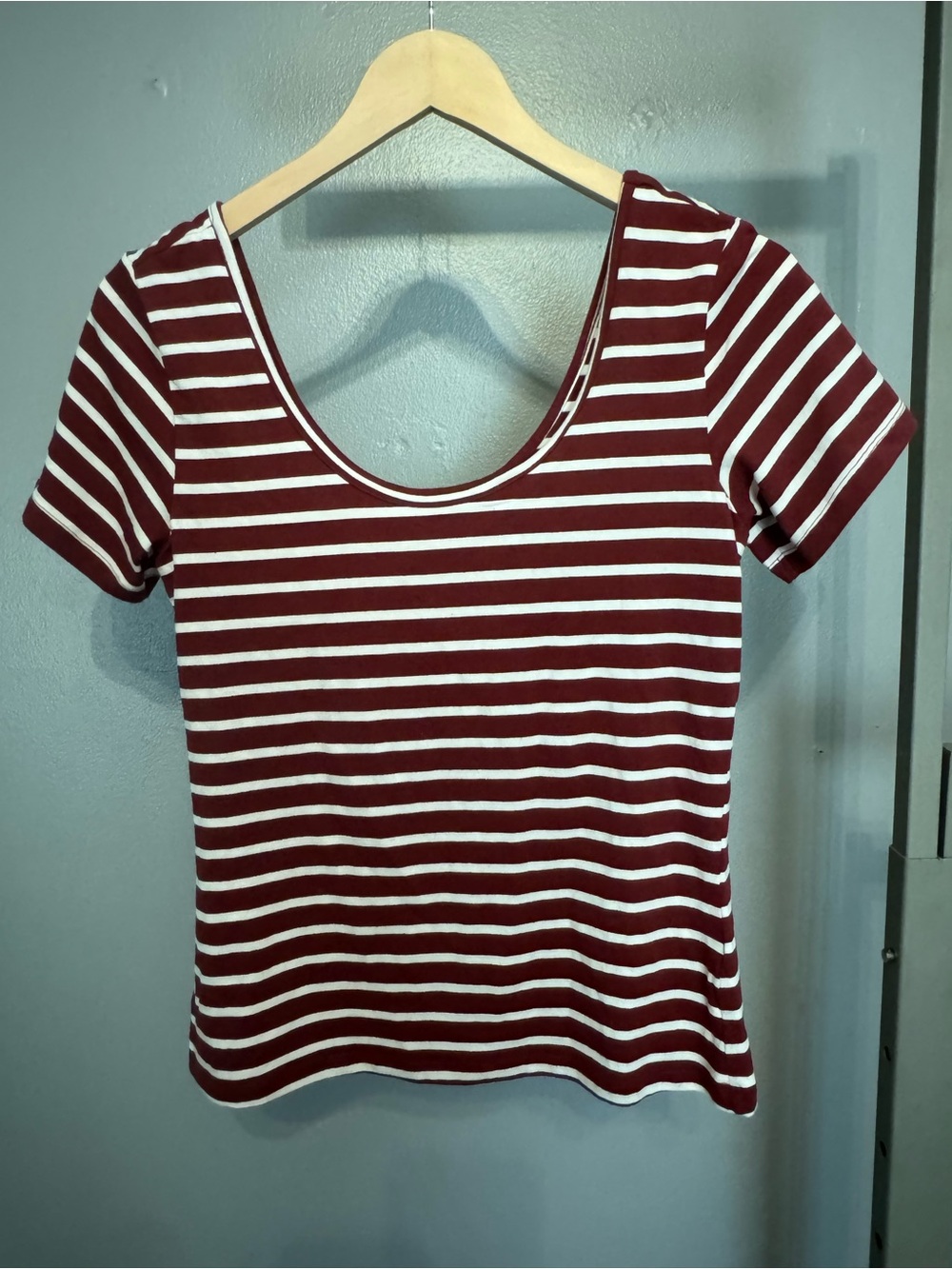 Maurices Short Sleeve Scoop Neck Tee - Burgundy & White Stripes